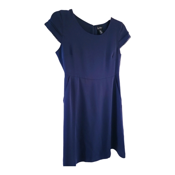 Nicole Miller Dress Fit & Flare Size 8 Navy Blue Cap Sleeves Pockets - Picture 1 of 8
